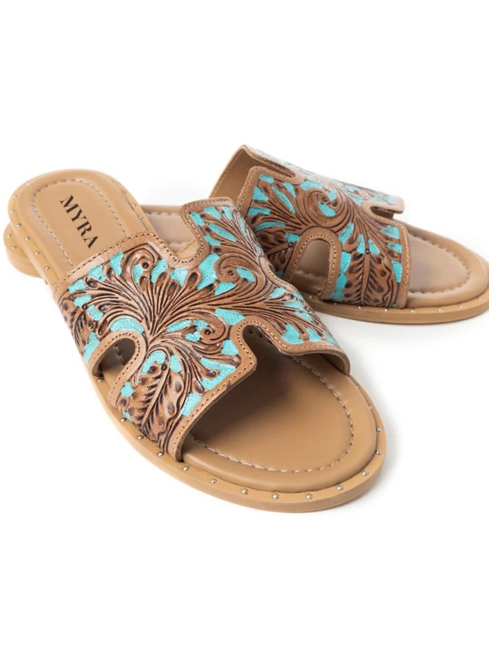 Myra Bag Tan Leather Slides with Turquoise Embossed Detail